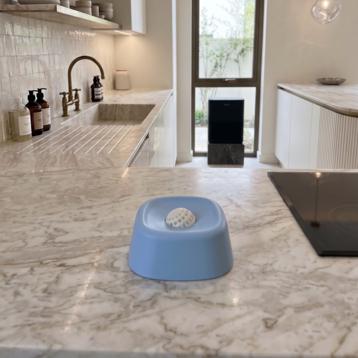 blue lick bowl on kitchen counter