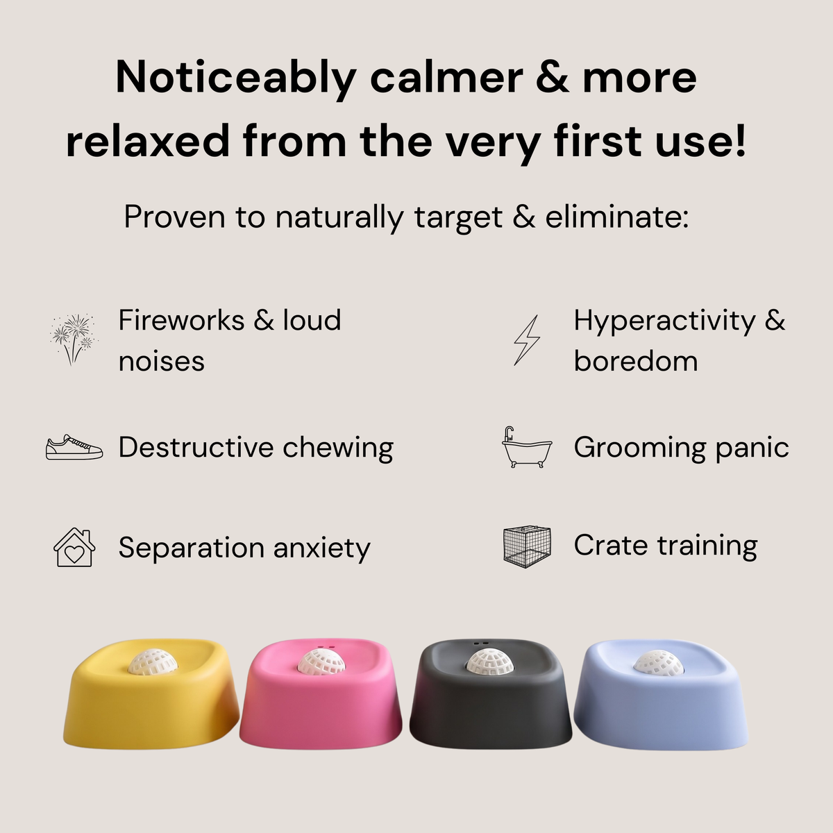 Promotional graphic for a dog lick bowl with text explaining its calming effects, shown above four color options of the lick bowl in yellow, pink, black, and blue on a beige background.