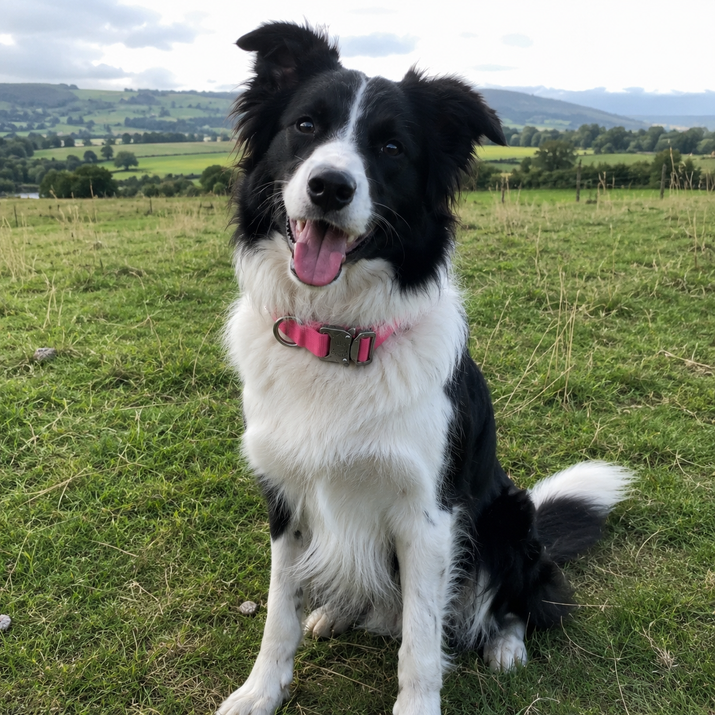 Black and white dog with a pink collar sitting in a grassy field with a scenic background