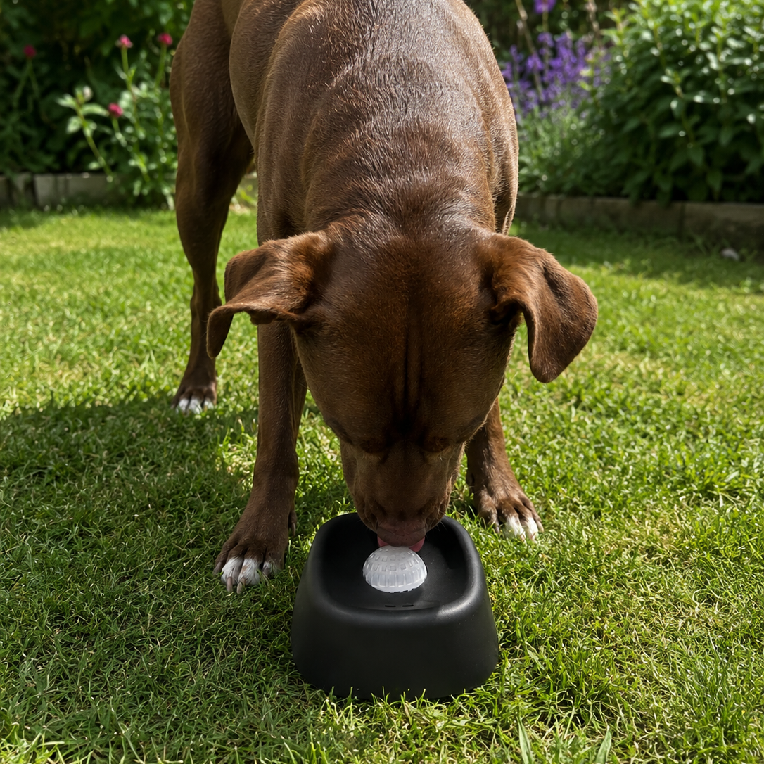 Brown dog drinking from a black lick bowl on grass with a garden background