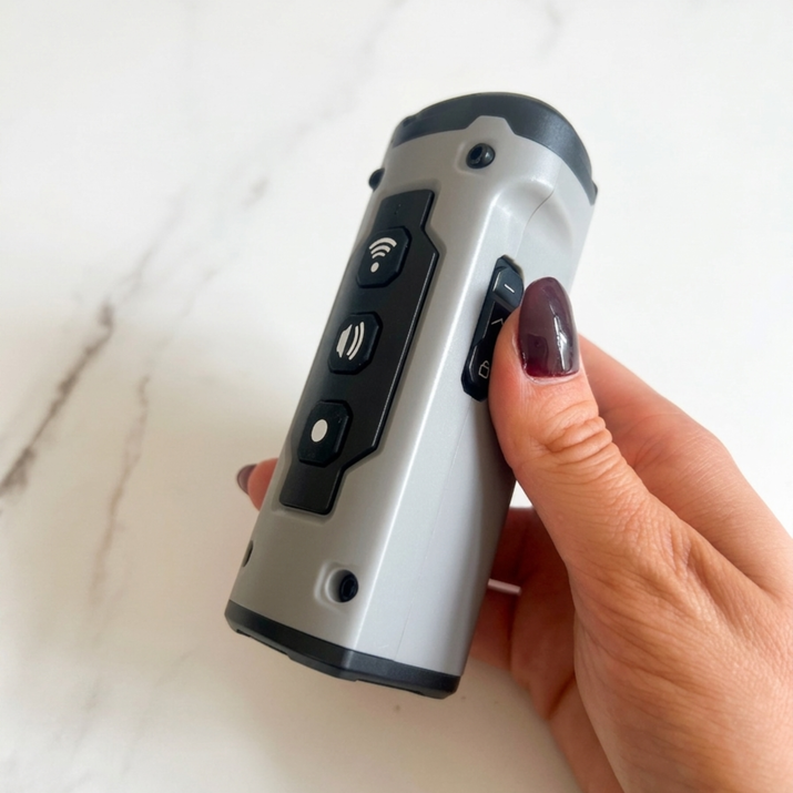 Hand holding a silver and black training tool on a white marble surface