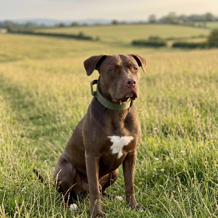 Brown dog with a white patch sitting in a grassy field