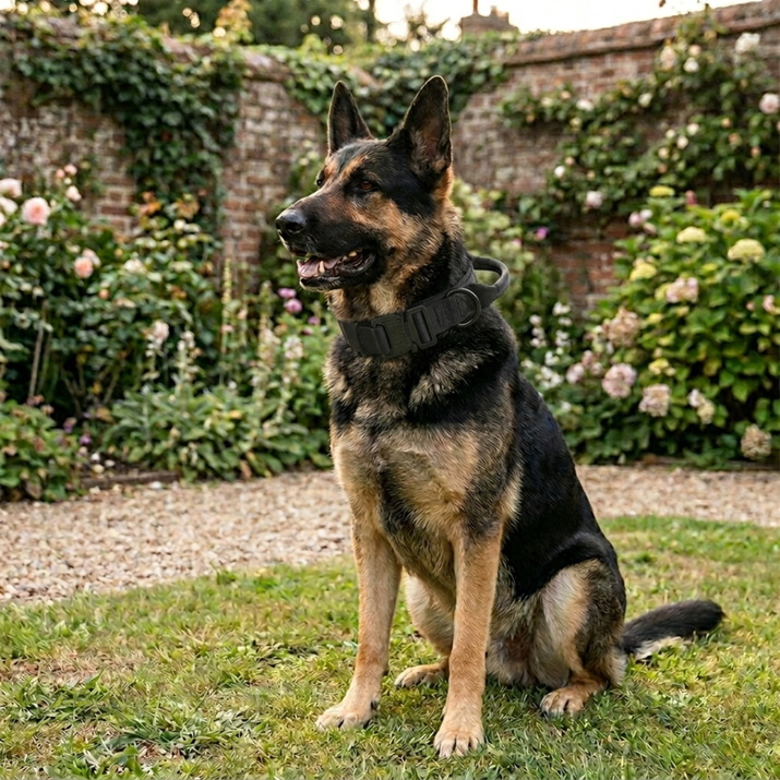 German Shepherd sitting outdoors with a floral background wearing a black collar