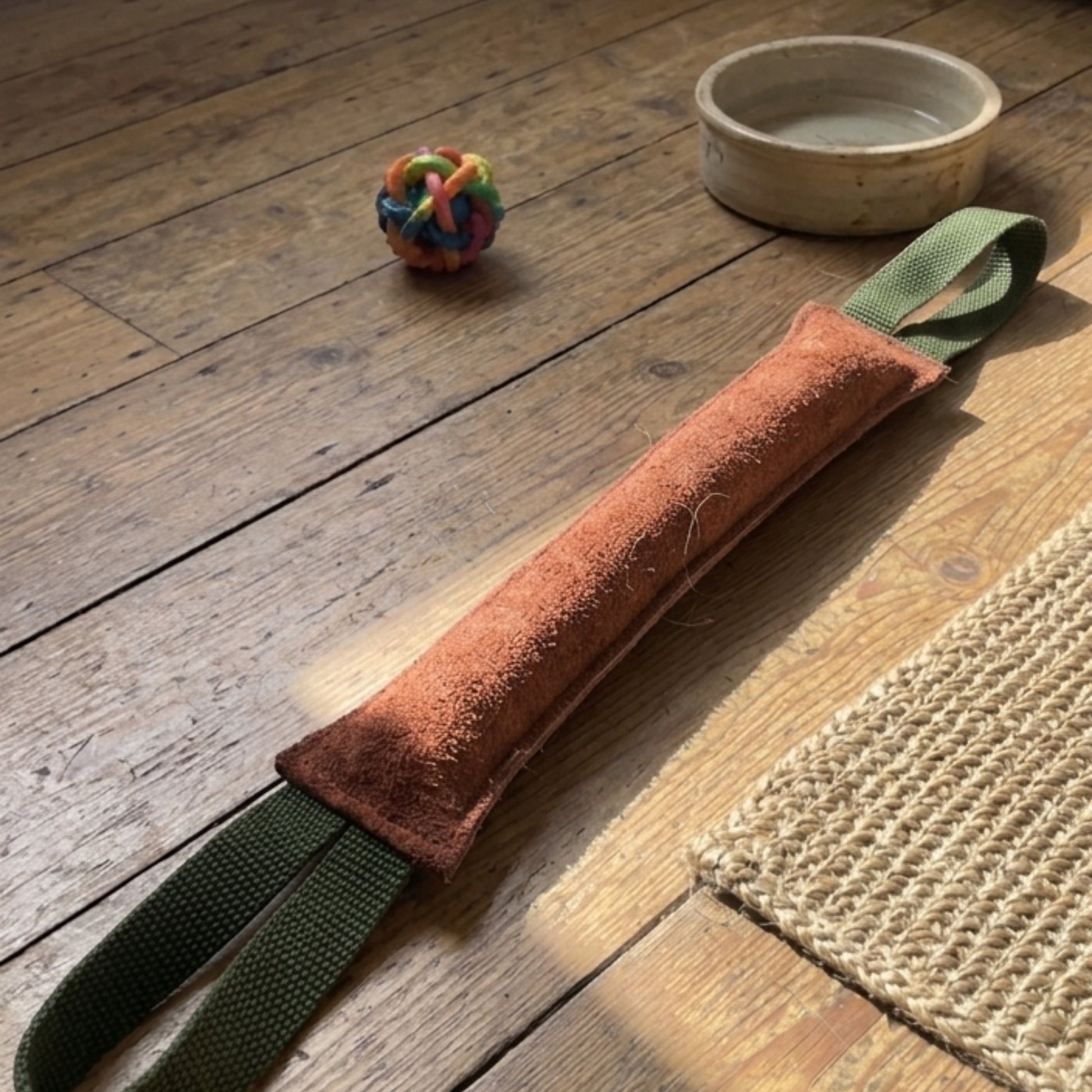 Dog toy and small bowl on a wooden floor