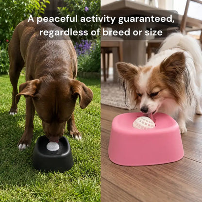 Two dogs using a slow feeder: a brown dog outdoors on grass drinking from a black bowl, and a white and brown dog indoors on a wood floor drinking from a pink bowl. Text at the top reads, 'A peaceful activity guaranteed, regardless of breed or size.