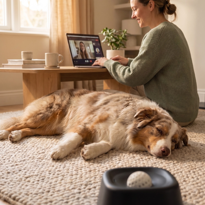 A resting Australian Shepherd lies on a beige textured rug in a cozy living room while a woman sits at a wooden table on the floor using a laptop for a video call. A black lick bowl is visible in the foreground.