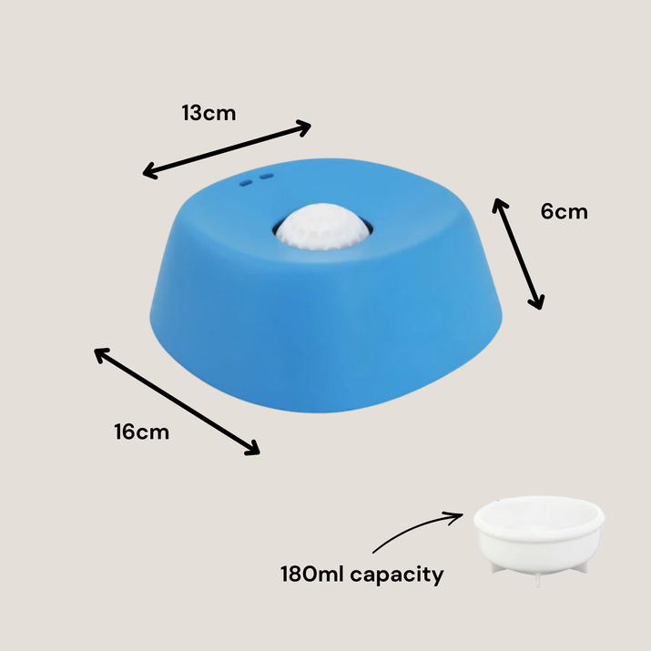 Blue dog lick bowl with dimension arrows showing 13cm top width, 16cm base diameter, and 6cm height, plus a small white bowl at bottom right labeled 180ml capacity, on a light beige background.