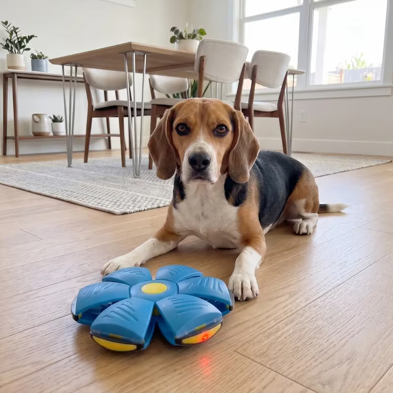 Dog playing with a blue toy on a wooden floor in a home setting