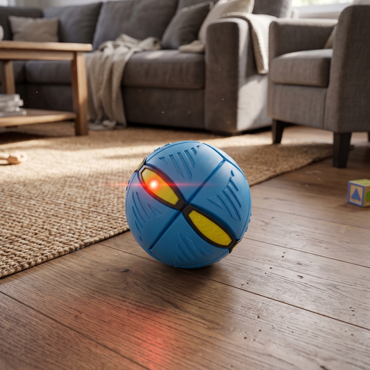 Dog ball on a wooden floor in a living room.