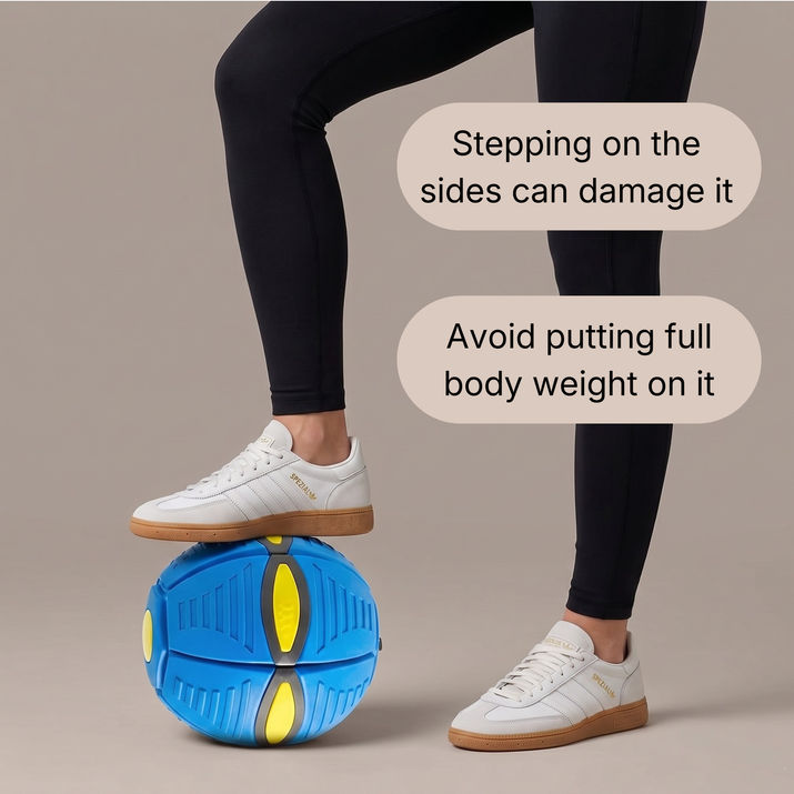 Person balancing on a blue dog ball with safety instructions displayed.