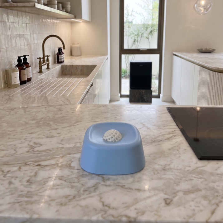blue lick bowl on kitchen counter