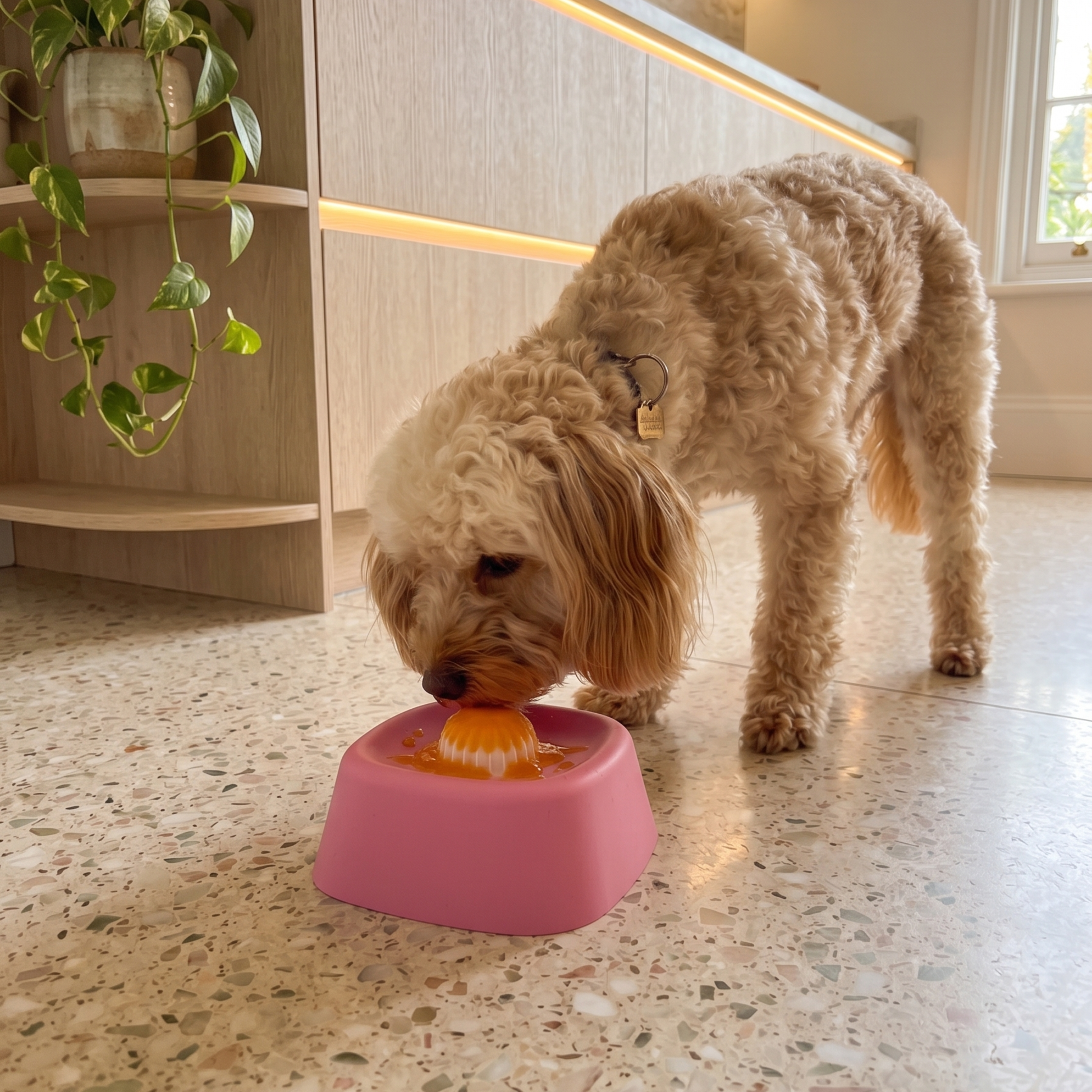 Dog eating from a pink stimulation bowl on a speckled floor with a plant in the background