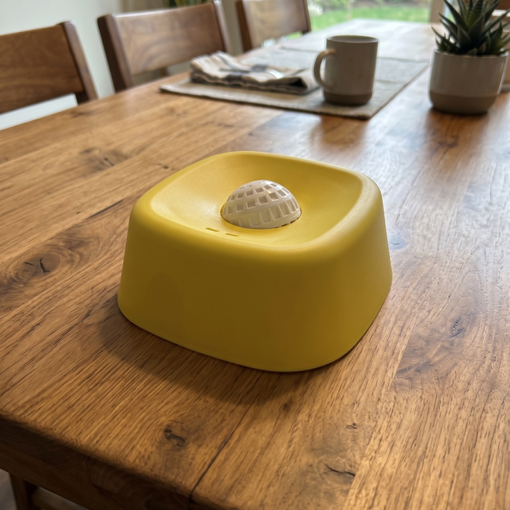 Yellow lick bowl with a white spherical object on a wooden table