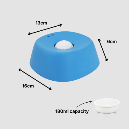 Blue lick bowl with dimensions and capacity label on a white background