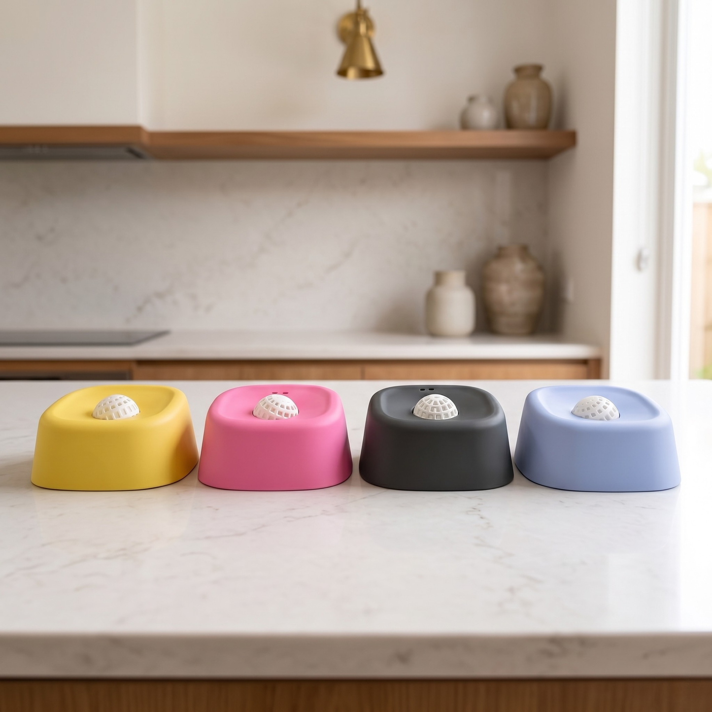 Four colorful pet bowls on a kitchen counter with a neutral background