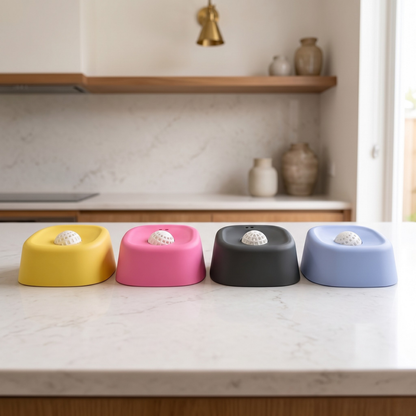 Four colorful pet bowls on a kitchen counter with a neutral background