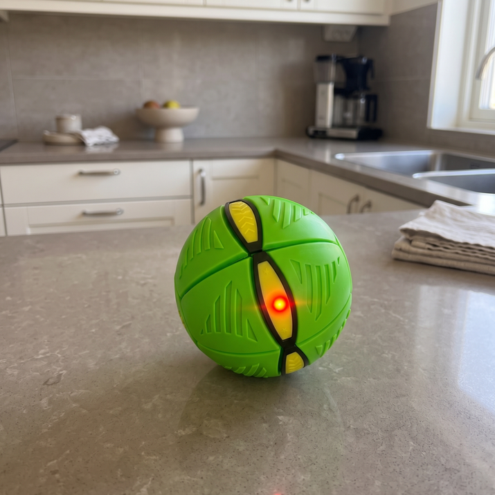 Green dog ball ball with yellow accents on a kitchen counter