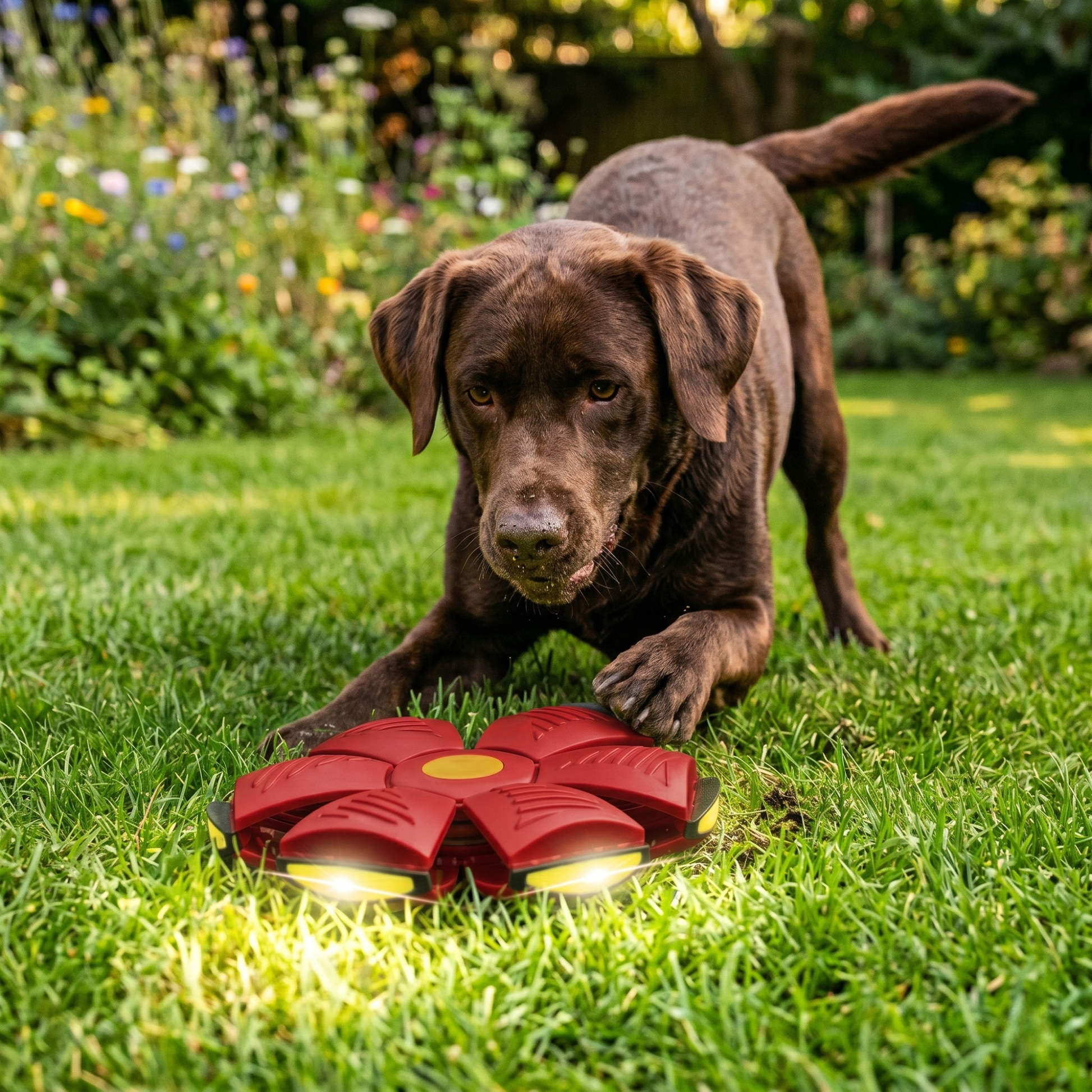 Dog playing with a red and yellow toy on grass