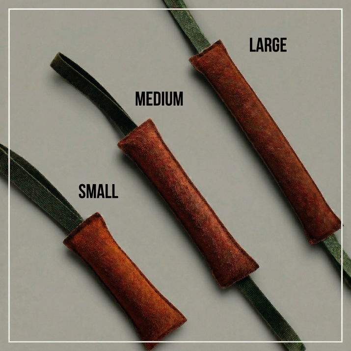 Three leather tug toys with varying sizes labeled 'Small', 'Medium', and 'Large' on a gray background.