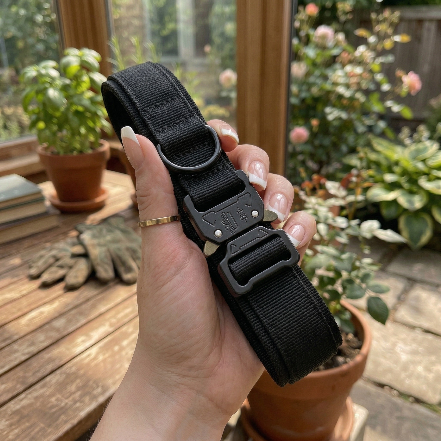 Black collar held by a hand with a garden background
