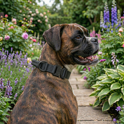 Brindle boxer dog wearing a black collar sitting on a wooden path surrounded by flowers and plants.