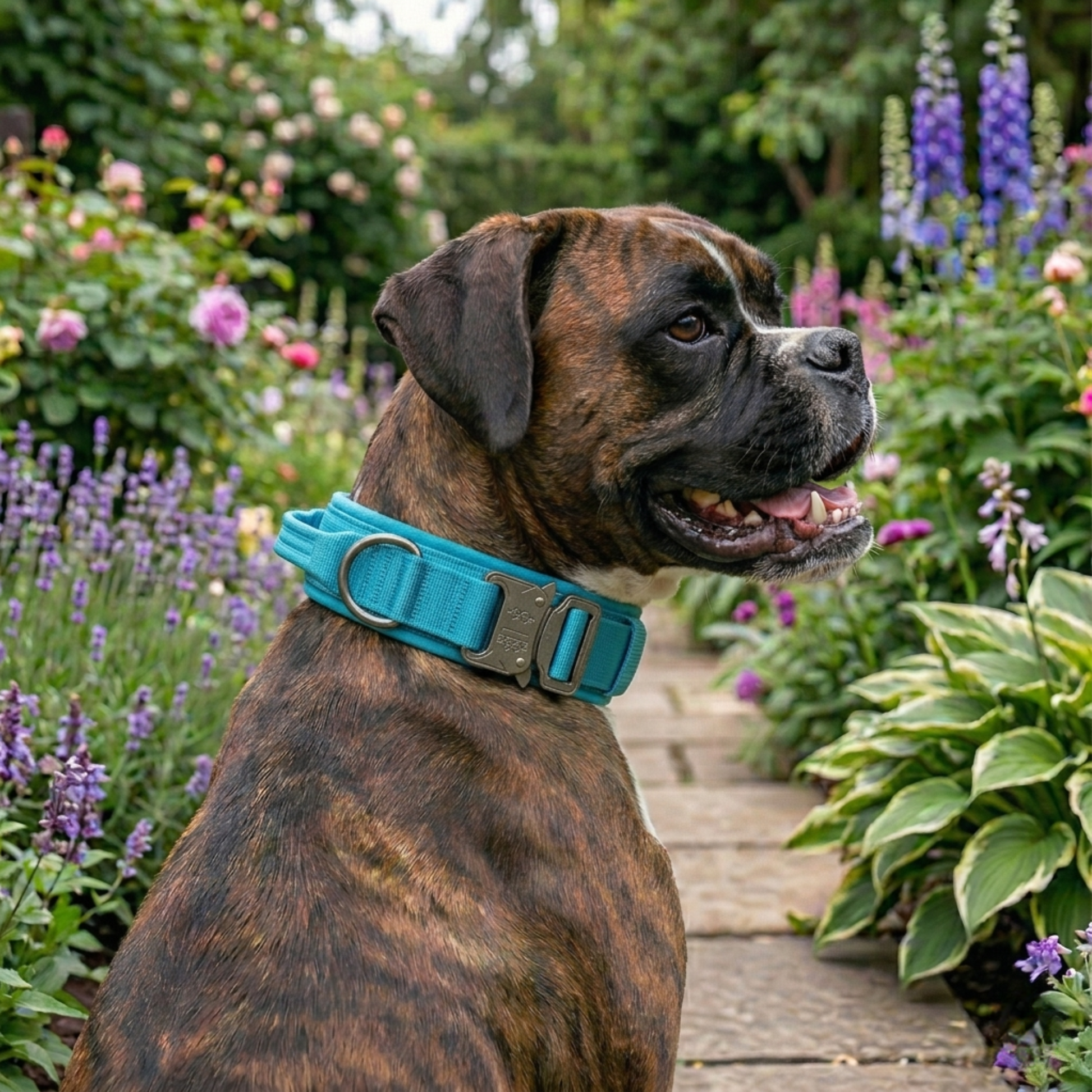 Boxer wearing blue tactical dog collar