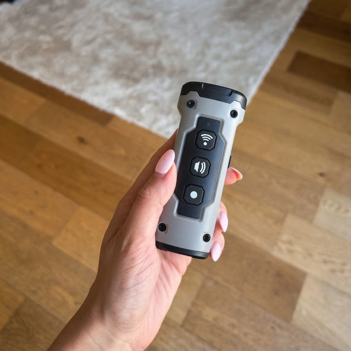 Hand holding a grey dog training tool with buttons on a wooden floor.
