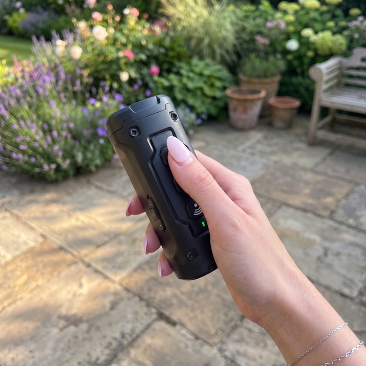 Hand holding a black dog training device with a garden in the background