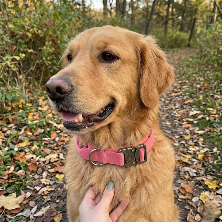 Golden retriever wearing a pink collar