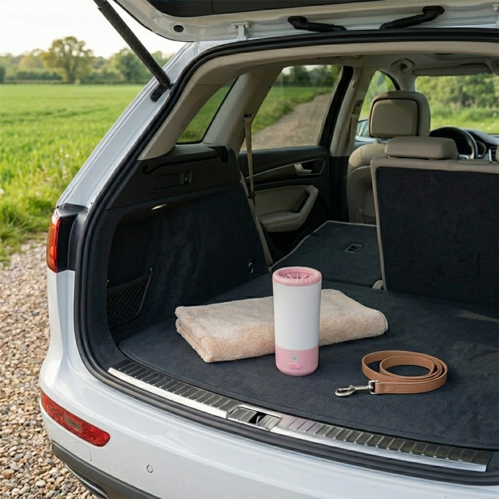 automatic paw cleaner in back of car
