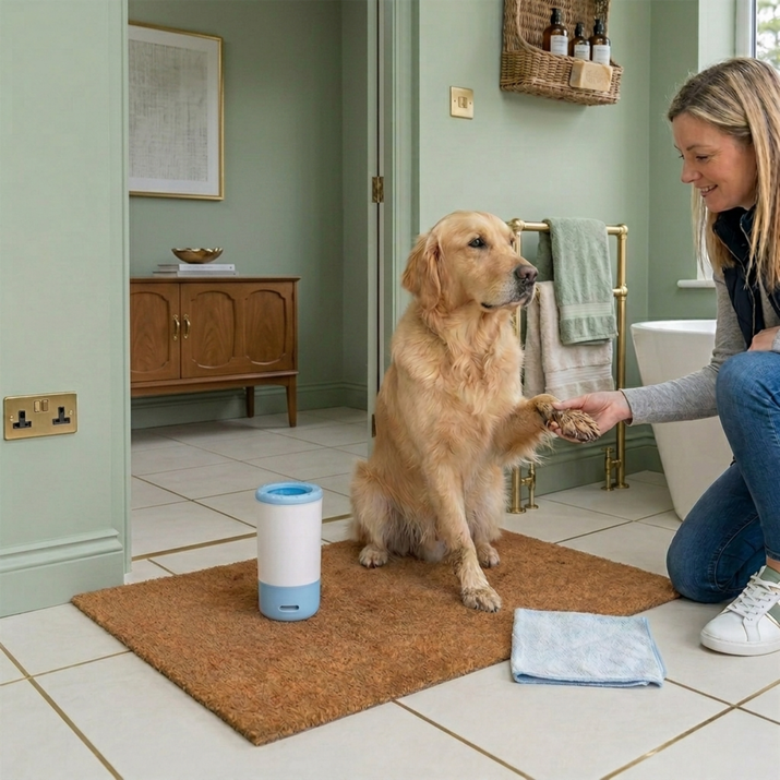 dog getting his paws cleaned using an electronic paw cleaner