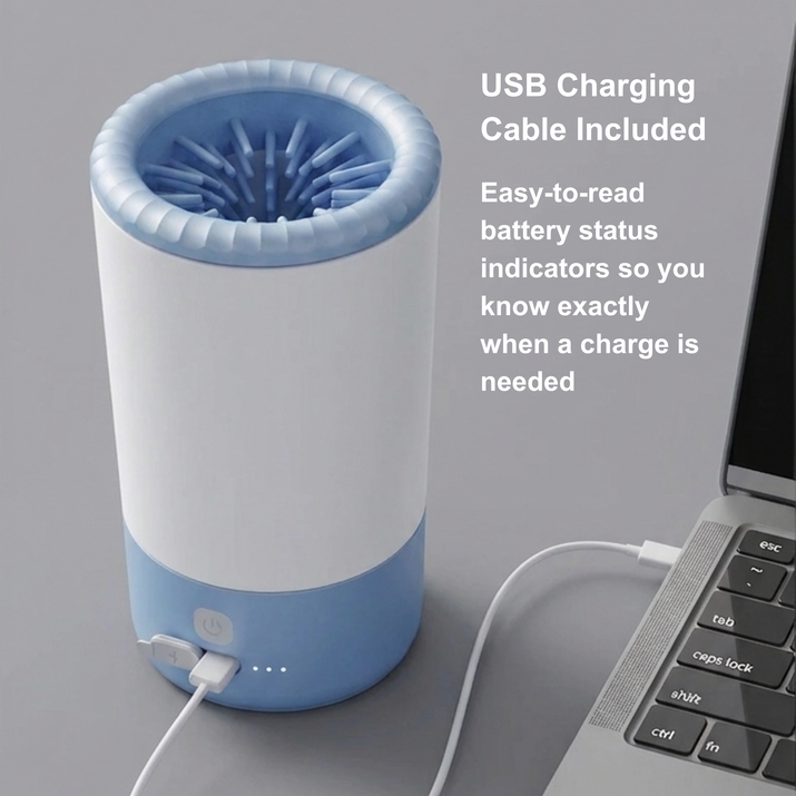 Blue and white paw cleaner with USB cable connected to a laptop on a gray background