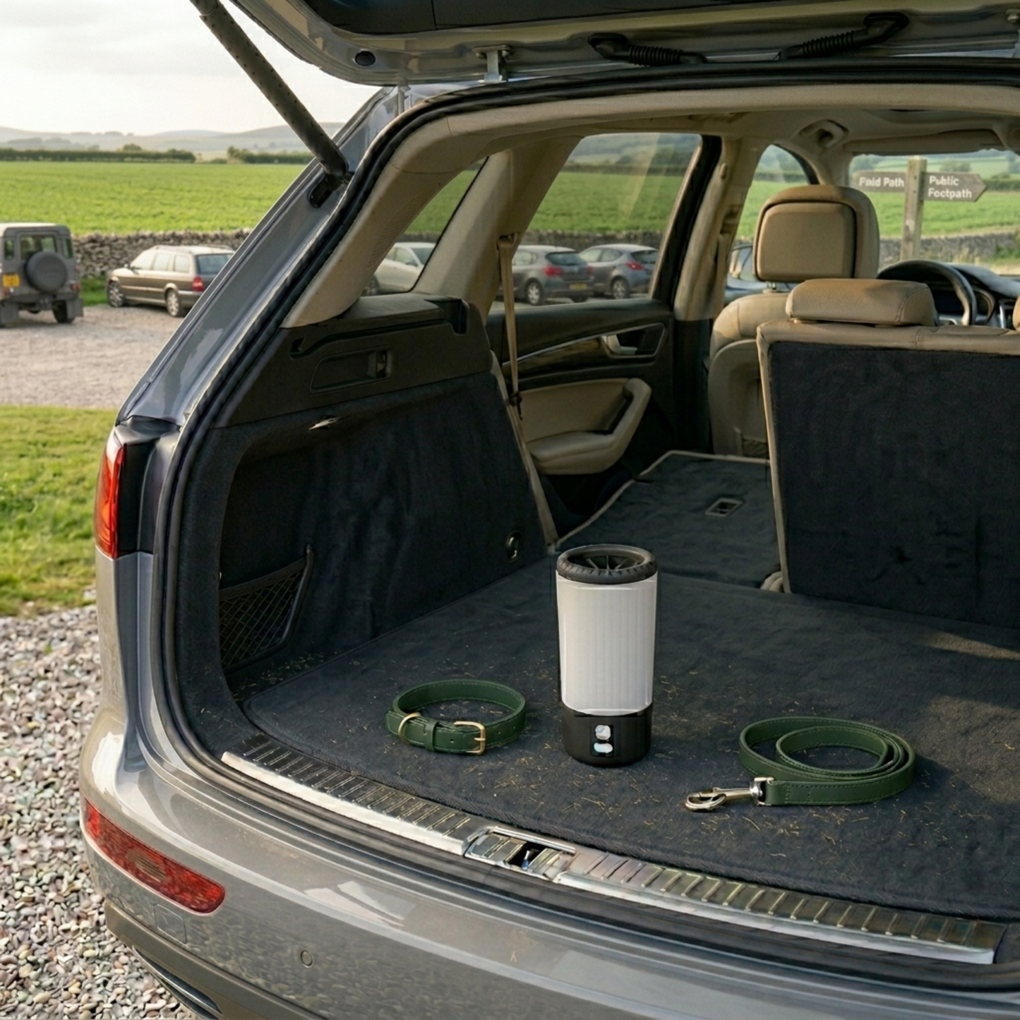 Car trunk with pet accessories including a paw cleaner, collar, and leash.
