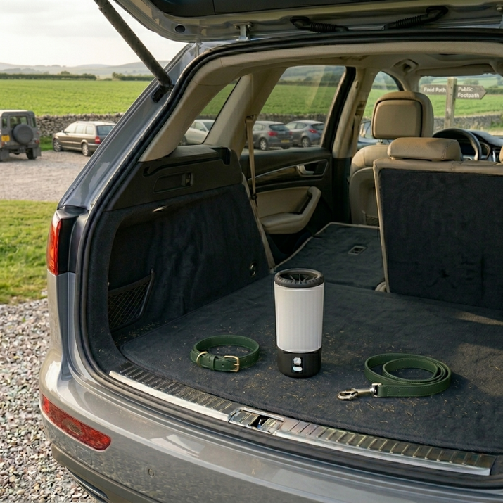 Car trunk with pet accessories including a paw cleaner, collar, and leash.