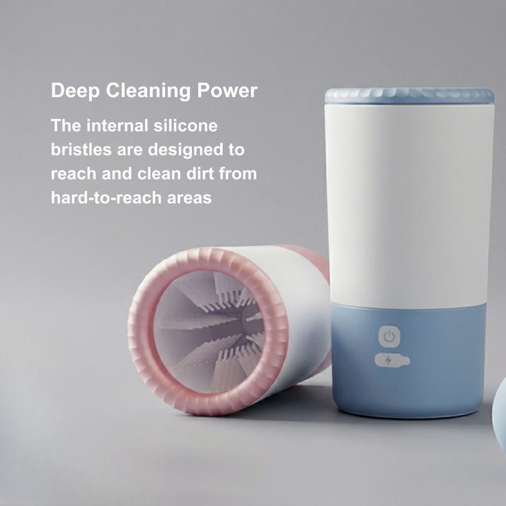 Cleaning tool with silicone bristles and text about deep cleaning power on a gray background
