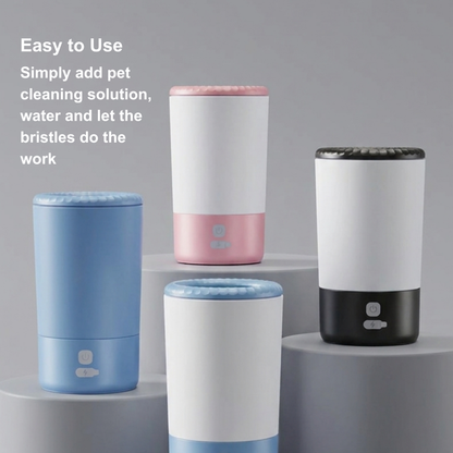 Four paw cleaning devices in blue, pink, white, and black on a gray background with text about ease of use.