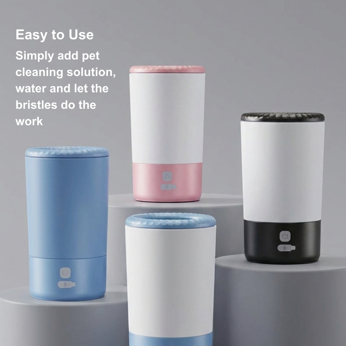 Four paw cleaning devices in blue, pink, white, and black on a gray background with text about ease of use.