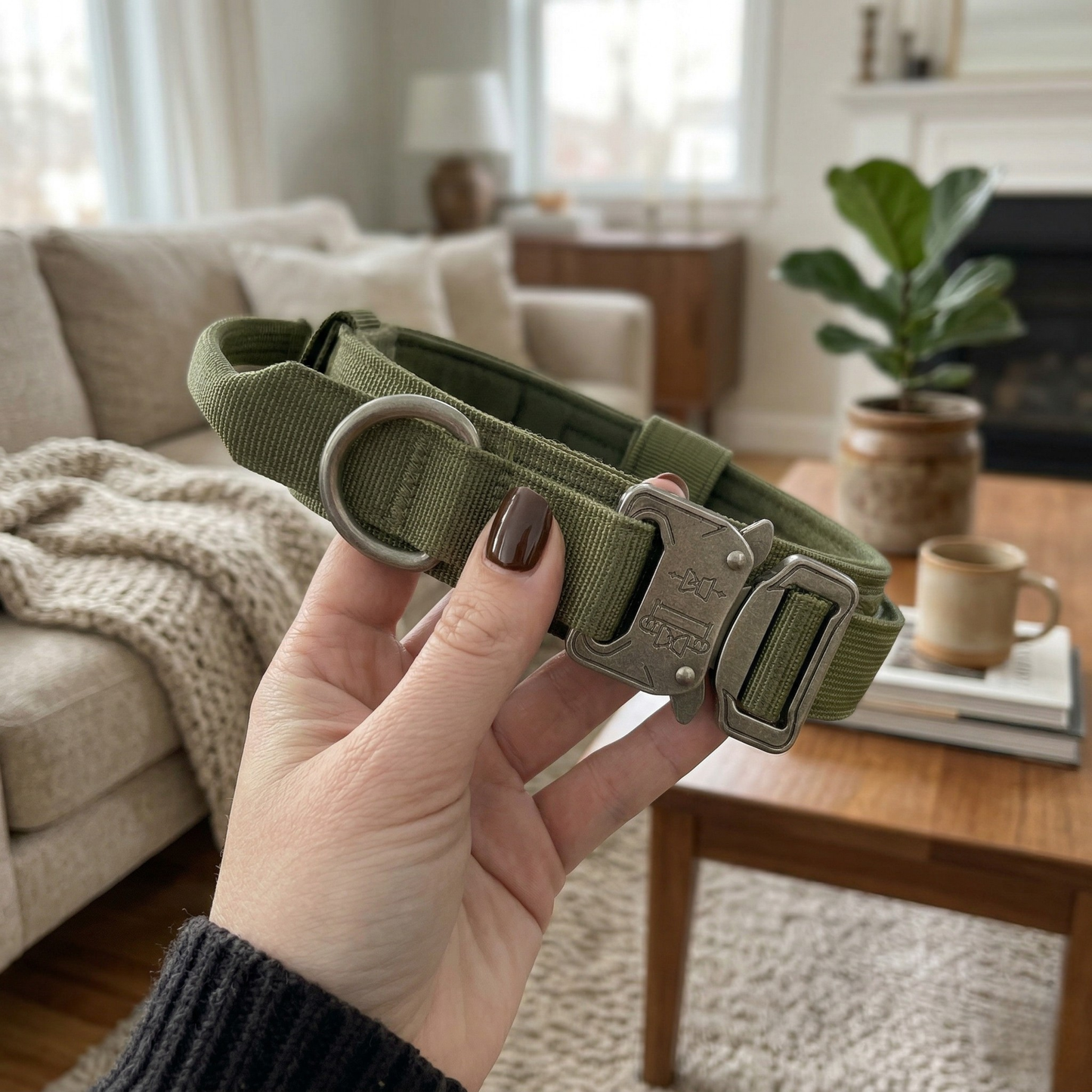 Hand holding a green dog collar with metal buckle in a living room setting