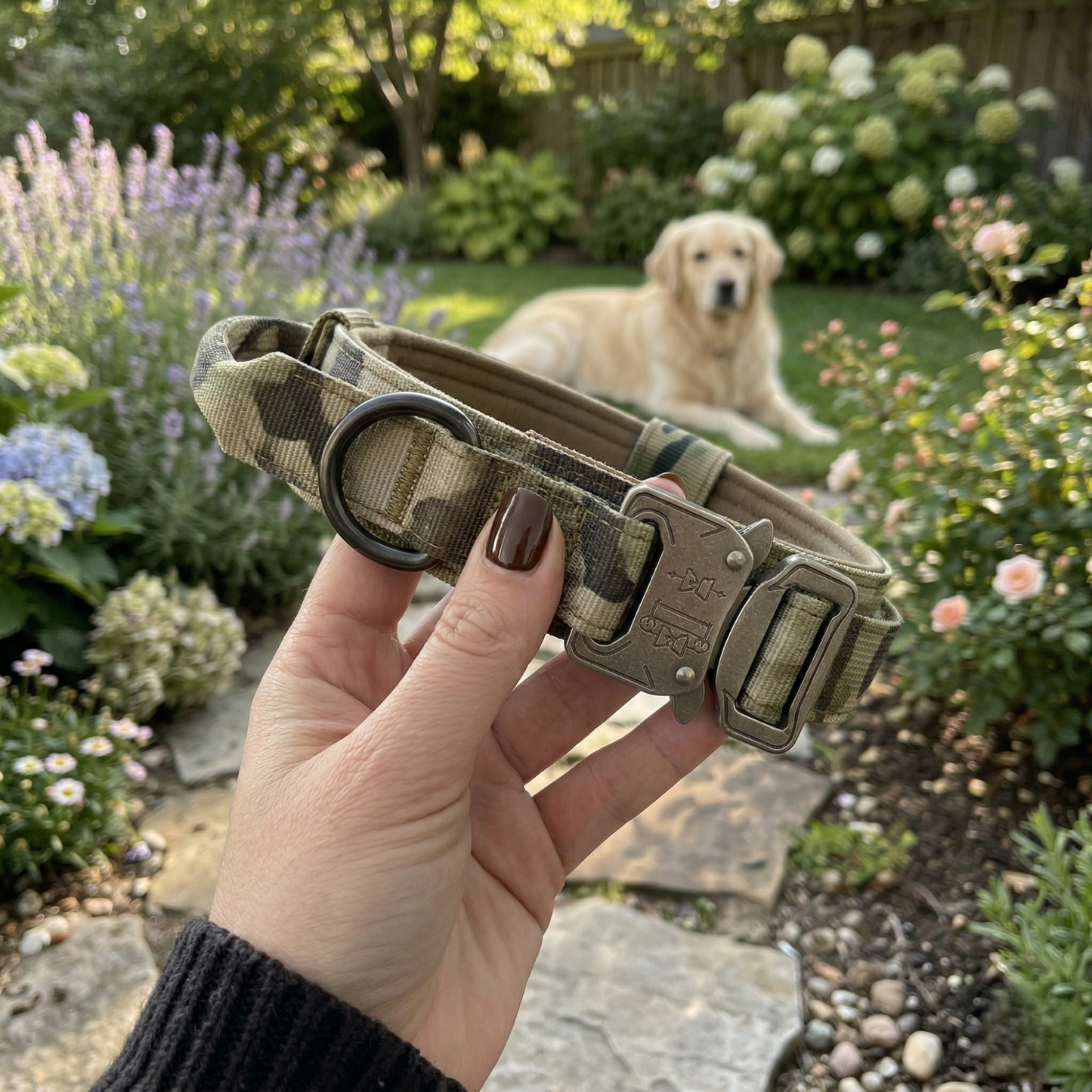 camouflage dog collar with silver buckle