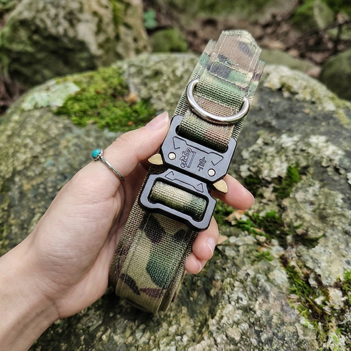 Camouflage dog collar with metal buckle held by a hand against a natural background